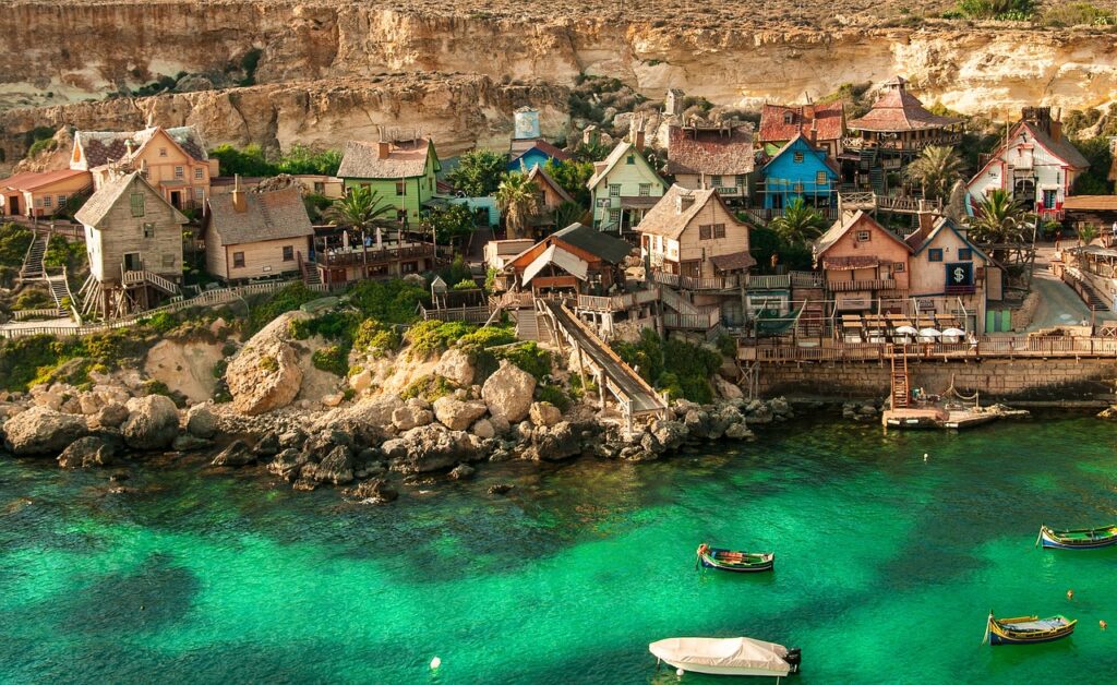 popeye village, malta, architecture, travel, tourism, scenery, village, color, landscape, holiday, sea, adventure, anchor bay, summer, hill, nature, malta, malta, malta, malta, malta, village